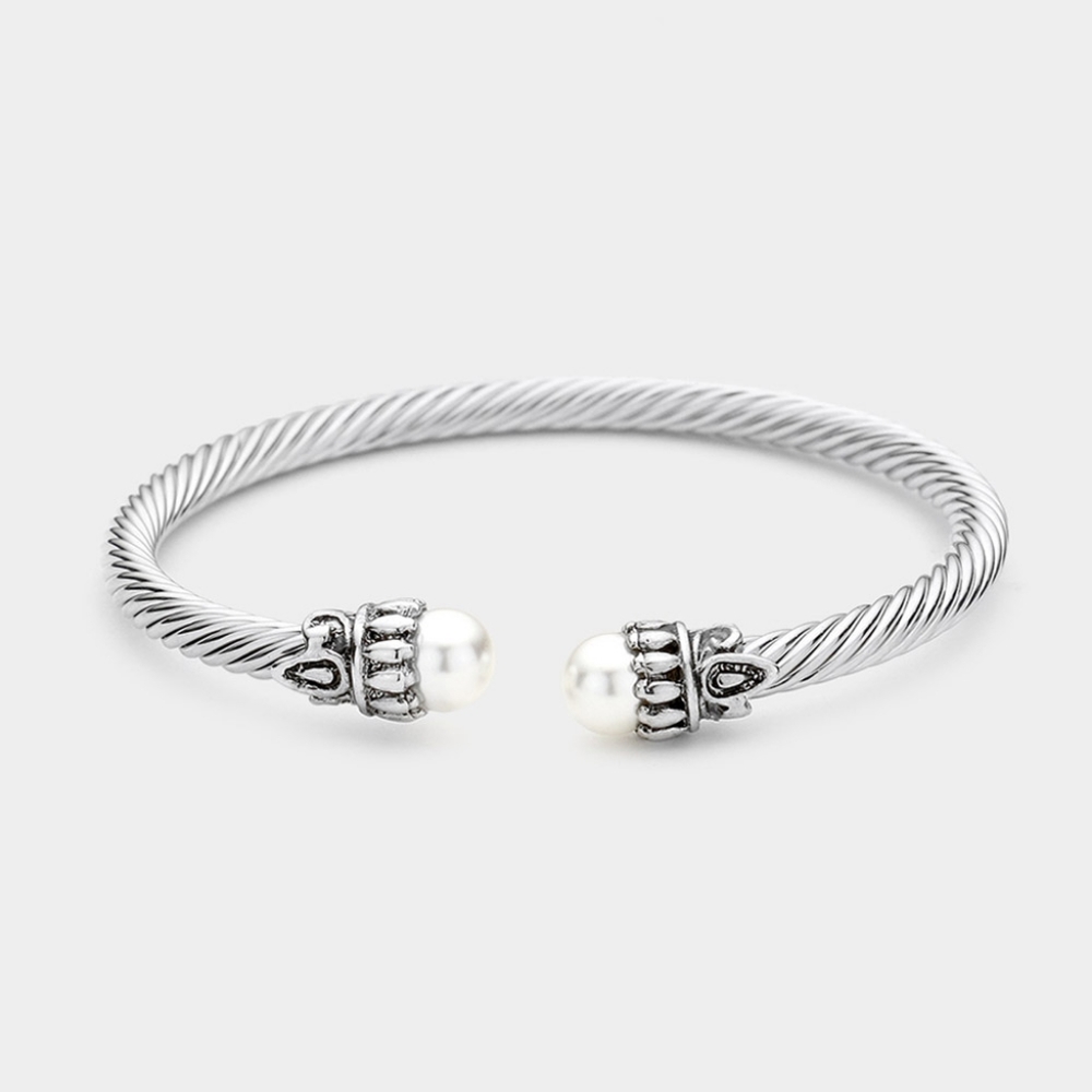 White Pearl Tip Twisted Cable Rope Style Cuff Bracelet Bangle Metal Accessory 1